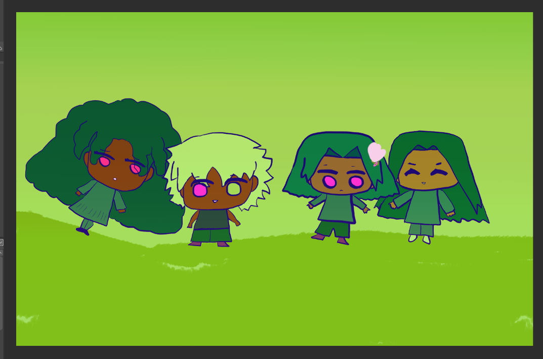 unlike usual, everything is a variety of green color tones aside from brown skintones. alia and layla hang out with alia on a short hill and peering down at a curious layla while antonio stares blankly at alejandro who seems to have put a flower in his hair. alia has a lot of curls around her and wears a dress, while layla has wavy silver hair and wears a sleevless shirt and pants. antonio with a short fall of hair around his neck wears a long-sleeved shirt and pants while alejandro with long hair wears a long tunic with pants. only everyone's fuchsia or scarlet-brightened irises stand out, except for layla with a silver right eye and alejandro whose eyes are closed and he's smiling cheerfully at a quiet antonio.